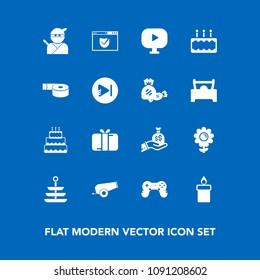 Modern, simple vector icon set on blue background with sign, media, sweet, adhesive, money, cake, blossom, web, tape, fire, sack, pie, present, website, spring, nature, gun, flame, video, candle icons