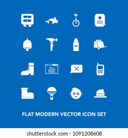 Modern, simple vector icon set on blue background with identity, sea, jump, communication, fish, boot, old, footwear, phone, ring, bell, extreme, call, kid, parachute, child, headwear, leather icons