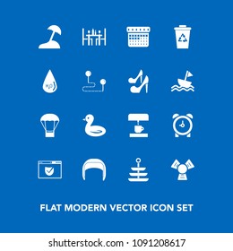 Modern, simple vector icon set on blue background with water, dinner, animal, equipment, plate, cooler, internet, nature, beach, belt, hour, balloon, sea, day, travel, recycling, wildlife, check icons