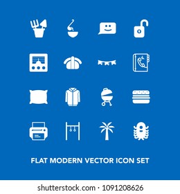 Modern, simple vector icon set on blue background with bed, alien, communication, sport, antenna, grill, signal, chat, , pillow, ufo, athlete, meat, plastic, space, technology, home, face, print icons
