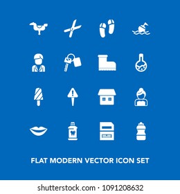 Modern, simple vector icon set on blue background with cut, file, lips, house, document, food, health, love, save, bride, dessert, water, female, brush, buoy, danger, data, groom, footwear, home icons