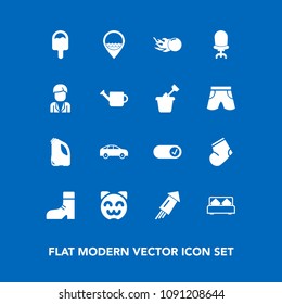 Modern, simple vector icon set on blue background with footwear, comfortable, event, work, holiday, move, festival, can, astronomy, comet, socks, highway, animal, interior, left, bedroom, home,  icons