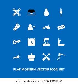 Modern, simple vector icon set on blue background with canoe, bulb, flashlight, hygiene, camera, cake, clock, paddle, water, lamp, idea, control, fitness, bath, man, energy, oar, document, light icons