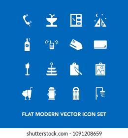 Modern, simple vector icon set on blue background with interior, dessert, holder, cheese, hydrant, restaurant, image, furniture, fork, wine, cabinet, white, cutlery, paint, phone, call, ice, art icons