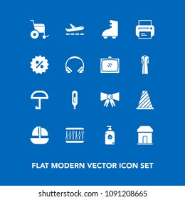 Modern, simple vector icon set on blue background with road, street, happy, sale, sign, temperature, percent, price, print, printer, airport, concept, audio, kid, handicap, equipment, boat, soap icons