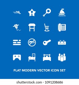 Modern, simple vector icon set on blue background with flight, travel, interior, cone, first, car, laboratory, equipment, wind, play, airplane, rattle, bowling, conditioner, home, winner, game icons