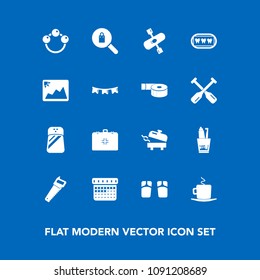 Modern, simple vector icon set on blue background with footwear, rattle, time, emergency, woman, infant, medical, cup, child, female, flip, clothing, salt, boiler, clothes, dental, cappuccino icons