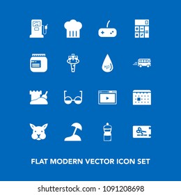 Modern, simple vector icon set on blue background with glass, cute, rabbit, pump, joystick, accounting, jam, island, calculator, fuel, jar, timetable, cleaner, chief, template, eyeglasses, game icons