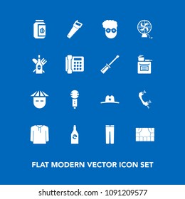 Modern, simple vector icon set on blue background with air, clothes, bottle, trousers, clothing, chinese, fashion, west, style, hat, sign, telephone, people, phone, liquid, jam, construction icons