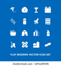 Modern, simple vector icon set on blue background with road, medicine, toy, map, medical, graffiti, package, outdoor, machine, space, pill, biker, tent, ball, bear, cosmos, equipment, delivery icons