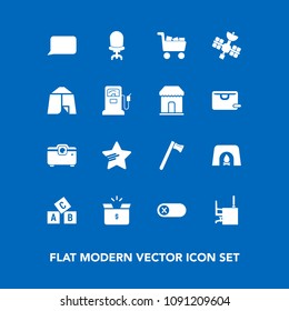 Modern, simple vector icon set on blue background with fireplace, satellite, tool, alphabet, talk, chair, christmas, outdoor, fire, office, education, spanner, sign, table, tent, travel, abc icons