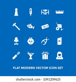 Modern, simple vector icon set on blue background with dentistry, young, cooking, dinner, sad, box, cute, book, chair, summer, dentist, white, girl, baby, brochure, celebration, glass, kid, king icons