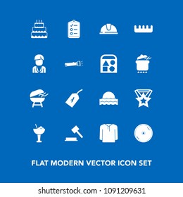 Modern, simple vector icon set on blue background with alcohol, mark, pie, justice, list, barbecue, sun, disc, hair, law, comb, sign, grill, helmet, food, cake, checklist, construction, cocktail icons