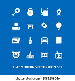Modern, simple vector icon set on blue background with television, notebook, page, weight, toy, business, book, makeup, desk, paper, pig, piglet, tv, infant, bed, sign, architecture, bonfire icons