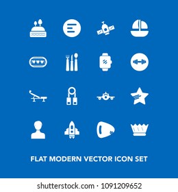 Modern, simple vector icon set on blue background with menu, healthy, travel, boat, king, guitar, person, rocket, orbit, planet, fitness, station, plane, doughnut, star, craft, dessert, food icons