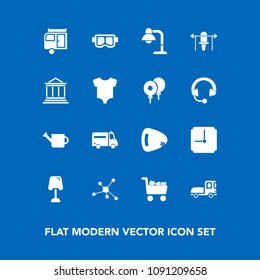 Modern, simple vector icon set on blue background with music, plant, equipment, vacation, chemistry, cart, mask, truck, finance, hospital, molecule, decoration, table, ambulance, musical, water icons