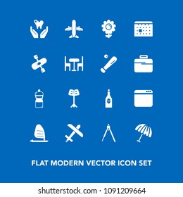 Modern, simple vector icon set on blue background with sport, internet, parasol, tool, flower, dental, rain, broom, engineering, glass, dentist, airplane, spring, plane, nature, healthy, floral icons