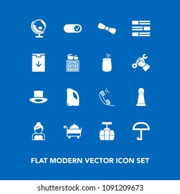 Modern, simple vector icon set on blue background with umbrella, map, world, , gift, train, service, bride, game, piece, communication, transportation, groom, cable, percussion, global, musical icons