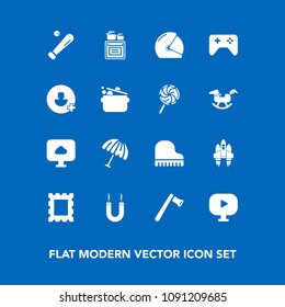 Modern, simple vector icon set on blue background with frame, baseball, cloud, rain, oven, parasol, cooking, tool, motorcycle, weather, joystick, sport, craft, axe, musical, magnet, kitchen icons