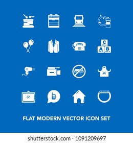 Modern, simple vector icon set on blue background with dryer, tv, cleaner, estate, entertainment, broom, television, conditioner, oven, video, telephone, home, travel, phone, watch, celebration icons