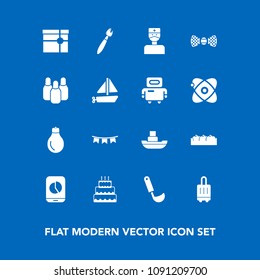 Modern, simple vector icon set on blue background with ship, elegance, background, pie, energy, airport, mobile, kitchen, box, bulb, cooking, ocean, celebration, holiday, brush, happy, sweet icons