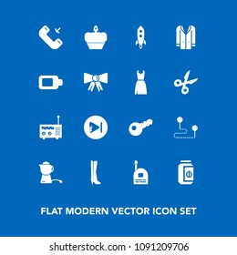 Modern, simple vector icon set on blue background with style, position, point, jacket, drink, technology, tea, footwear, fashion, child, tie, coat, key, destination, media, hot, food, play, jar icons