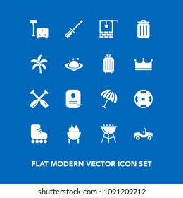 Modern, simple vector icon set on blue background with bin, bbq, work, garbage, paddle, parasol, sofa, boat, table, skate, well, casino, leisure, fun, screwdriver, identity, stone, weather, oar icons