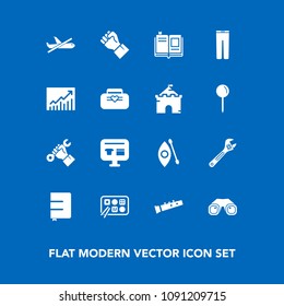 Modern, simple vector icon set on blue background with kayak, cart, river, spanner, hammer, book, hand, activity, sound, music, travel, airplane, notebook, musical, foreman, chinese, water, sale icons