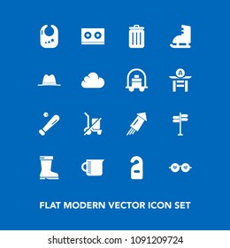 Modern, simple vector icon set on blue background with hippie, toy, sunglasses, transparent, can, baseball, glass, leather, holiday, music, label, casette, trash, hotel, bin, festival, ice, send icons
