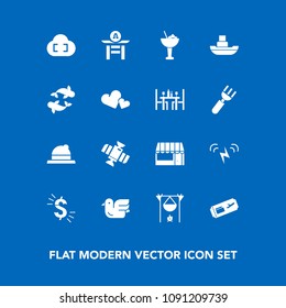 Modern, simple vector icon set on blue background with air, hot, store, energy, japanese, technology, planet, animal, flight, cocktail, market, alcohol, travel, fireplace, drink, sky, wildlife icons