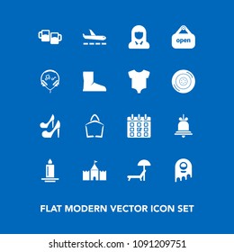 Modern, simple vector icon set on blue background with fire, high, alien, woman, ufo, pub, alarm, female, notification, sale, lady, airport, timetable, space, drink, plane, open, umbrella, flame icons
