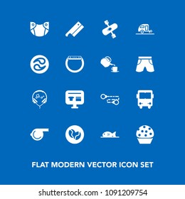 Modern, simple vector icon set on blue background with audio, meat, japanese, activity, transportation, caravan, cart, river, axe, ecommerce, care, equipment, caffeine, kayak, doughnut, sale icons