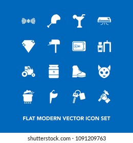 Modern, simple vector icon set on blue background with bow, industry, sport, fitness, ufo, helmet, martini, farm, field, fiction, meat, dinner, builder, tie, chicken, car, foreman, food, drink icons