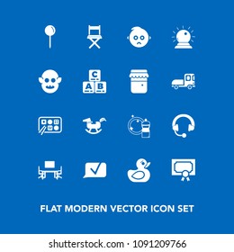 Modern, simple vector icon set on blue background with chinese, business, diploma, sad, duck, cleaner, food, headphone, baby, play, childhood, ufo, audio, drop, map, restaurant, alien, equipment icons