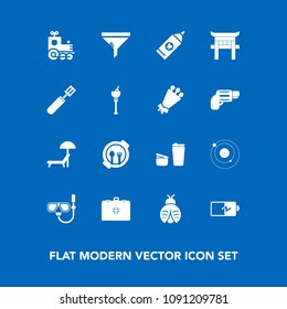 Modern, simple vector icon set on blue background with science, battery, power, kid, child, cup, food, fly, lady, air, sunbed, clean, galaxy, emergency, butterfly, space, electricity, train, toy icons