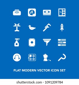 Modern, simple vector icon set on blue background with service, drink, breakfast, agriculture, air, leather, hot, tea, music, tape, retro, filter, clean, kitchen, stove, sound, note, conditioner icons