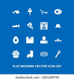 Modern, simple vector icon set on blue background with dessert, dental, seafood, social, doughnut, kitchen, pan, spring, flashlight, airplane, person, food, energy, white, clothing, shirt, cake icons