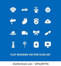 Modern, simple vector icon set on blue background with magic, kid, black, style, cute, arrow, winter, lighthouse, shell, food, ocean, clothes, sad, child, clothing, suit, play, bow, headwear icons