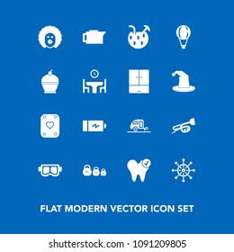 Modern, simple vector icon set on blue background with juice, coffee, espresso, health, nautical, holiday, power, wheel, cocktail, parachute, ship, electricity, battery, dental, scary, mask, sea icons