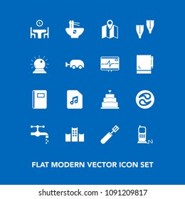 Modern, simple vector icon set on blue background with noodle, telephone, pan, white, cake, home, kitchen, mon, page, meal, table, japan, paper, vacation, sound, dinner, chinese, music, cooking icons