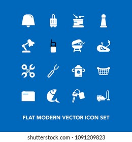 Modern, simple vector icon set on blue background with market, equipment, drum, nutrition, service, fish, milk, seafood, automobile, plastic, sea, travel, fork, reparation, key, industrial, bag icons