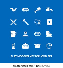 Modern, simple vector icon set on blue background with winter, road, cell, science, equipment, mail, construction, healthy, cold, luxury, dental, happy, shovel, sport, transportation, phone, tea icons