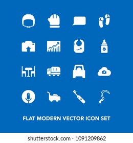 Modern, simple vector icon set on blue background with speech, health, agriculture, bubble, cargo, upload, scarf, grass, truck, brush, cloud, talk, chair, worker, footwear, photo, table, record icons