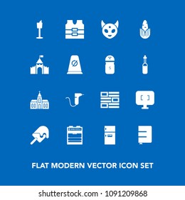 Modern, simple vector icon set on blue background with news, dentist, clothing, fridge, freezer, technology, holder, alien, dentistry, notebook, monster, monitor, food, refrigerator, newspaper icons