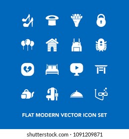 Modern, simple vector icon set on blue background with heart, sport, flower, mask, birthday, beverage, floral, beauty, tea, service, broken, video, fitness, restaurant, security, exercise, love icons