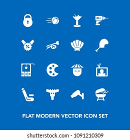 Modern, simple vector icon set on blue background with alcohol, japanese, art, cricket, surveillance, competition, championship, asian, football, match, bar, grill, well, television, water, lock icons