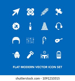 Modern, simple vector icon set on blue background with home, bed, cosmos, musical, barbecue, telephone, shower, dinner, potato, peeler, food, helmet, equipment, sign, space, bathroom, tool, meat icons