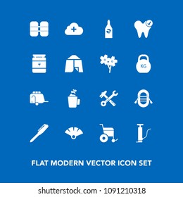 Modern, simple vector icon set on blue background with beverage, white, cylinder, ship, office, pump, oxygen, cup, dental, equipment, pen, sensu, spanner, wrench, van, vehicle, transportation icons