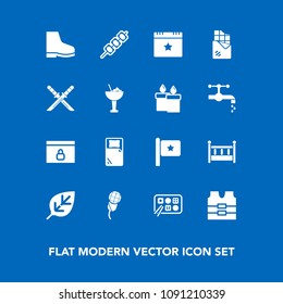 Modern, simple vector icon set on blue background with vest, bed, fashion, america, restaurant, barbecue, jacket, event, audio, baby, internet, natural, sweet, karaoke, protective, nation, lock icons