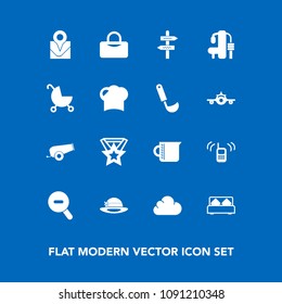 Modern, Simple Vector Icon Set On Blue Background With Telephone, Bed, Web, Bedroom, Communication, Glass, Kitchen, Direction, Baby, Gym, Gun, Carriage, Transparent, Container, Chef, Child, Call Icons